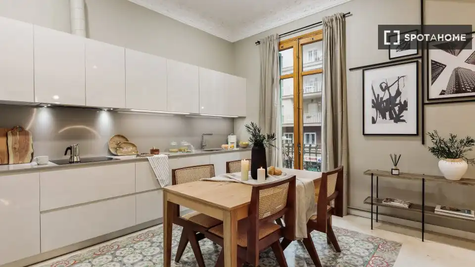 Cuina de Apartament per a compartir en Barcelona amb Aire condicionat, Terrassa i Moblat