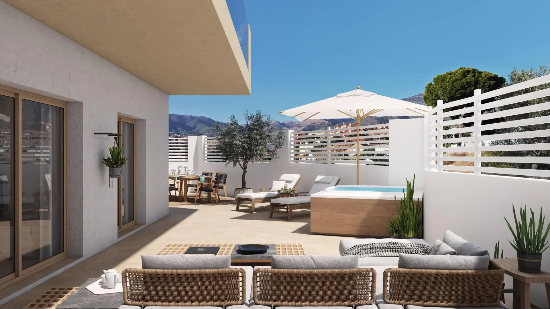 Terrasse von Wohnungen zum Verkauf in Fuengirola mit Klimaanlage, Heizung und Privatgarten