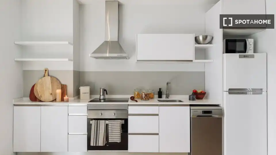 Cuina de Apartament per a compartir en Barcelona amb Aire condicionat, Terrassa i Moblat