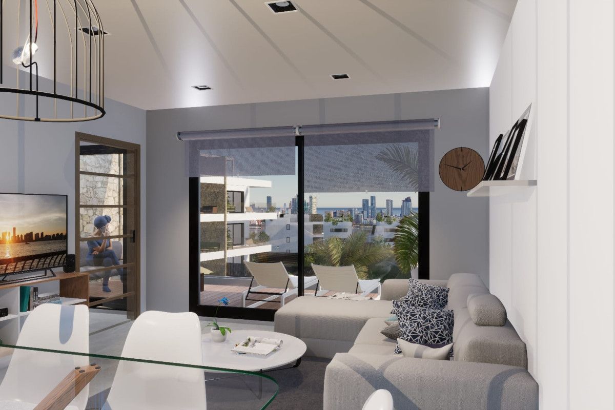 Sala de estar de Apartamento en venta en Finestrat con Jardín privado, Terraza y Piscina comunitaria