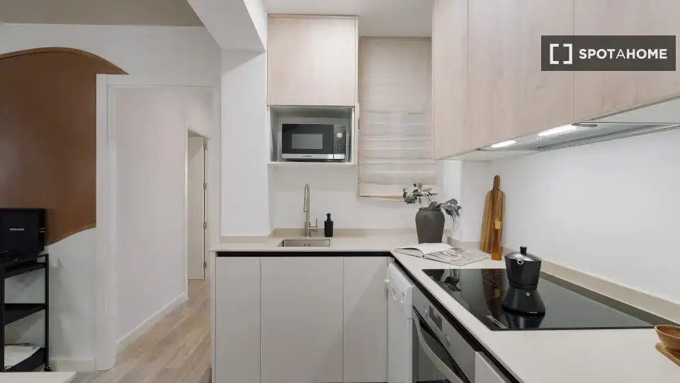 Cuina de Apartament per a compartir en Madrid amb Aire condicionat, Terrassa i Moblat