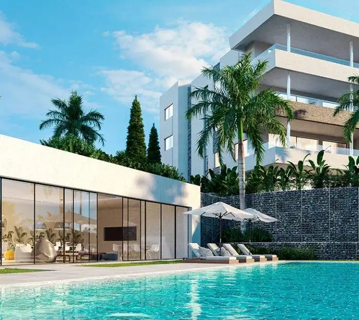 Außenansicht von Wohnungen zum Verkauf in Marbella mit Klimaanlage, Heizung und Privatgarten