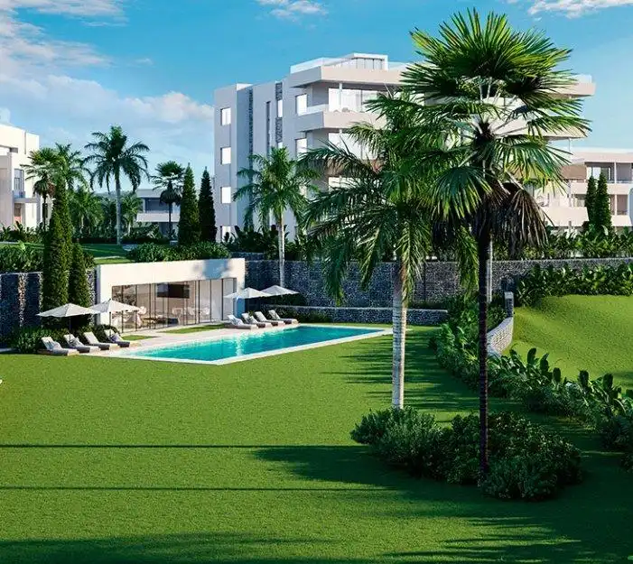 Schwimmbecken von Wohnungen zum Verkauf in Marbella mit Klimaanlage, Heizung und Privatgarten