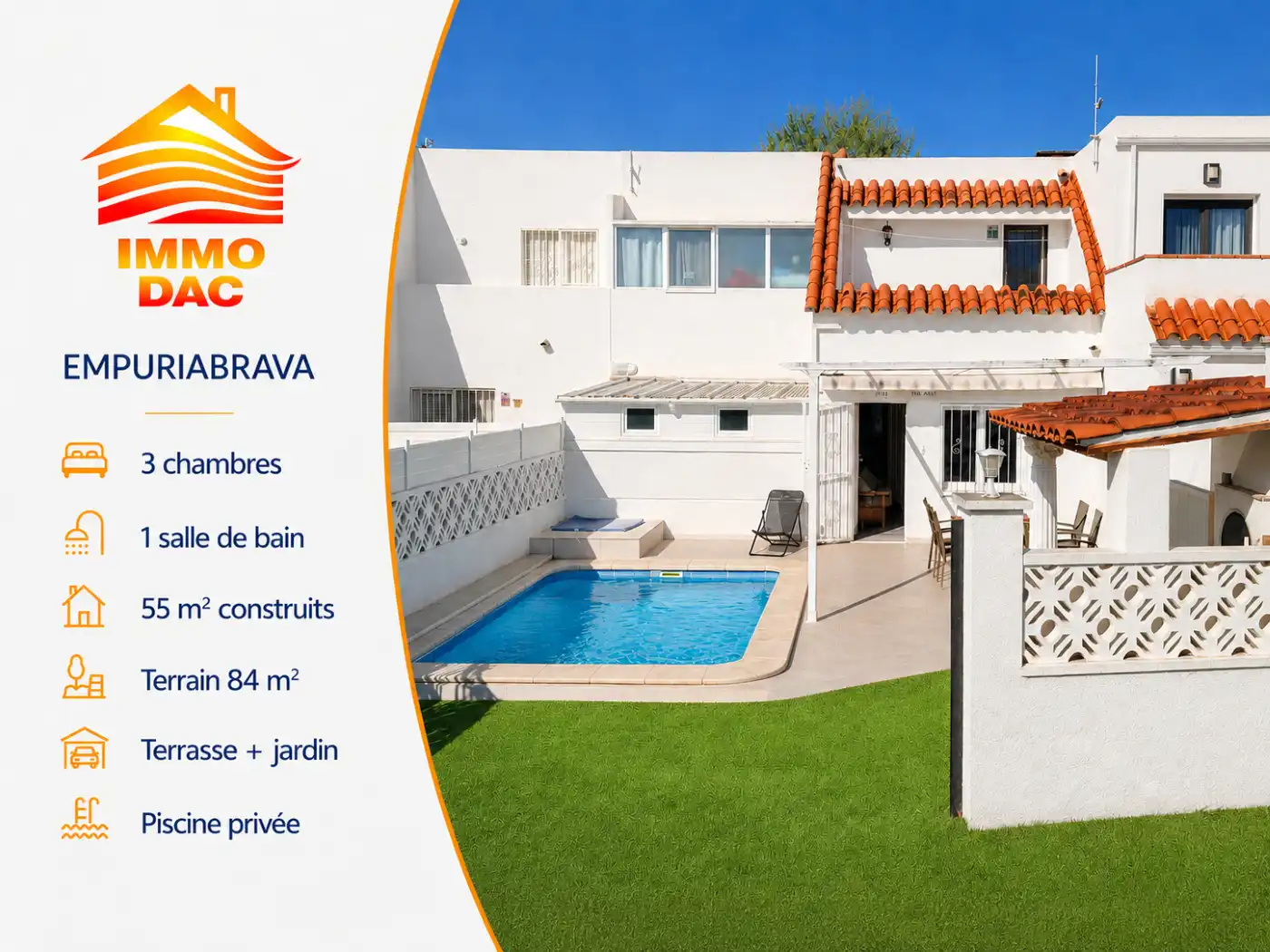 Außenansicht von Einfamilien-Reihenhaus zum Verkauf in Empuriabrava mit Klimaanlage, Heizung und Privatgarten