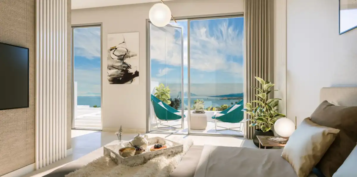 Wohnzimmer von Einfamilien-Reihenhaus zum Verkauf in Manilva mit Klimaanlage, Privatgarten und Schwimmbad