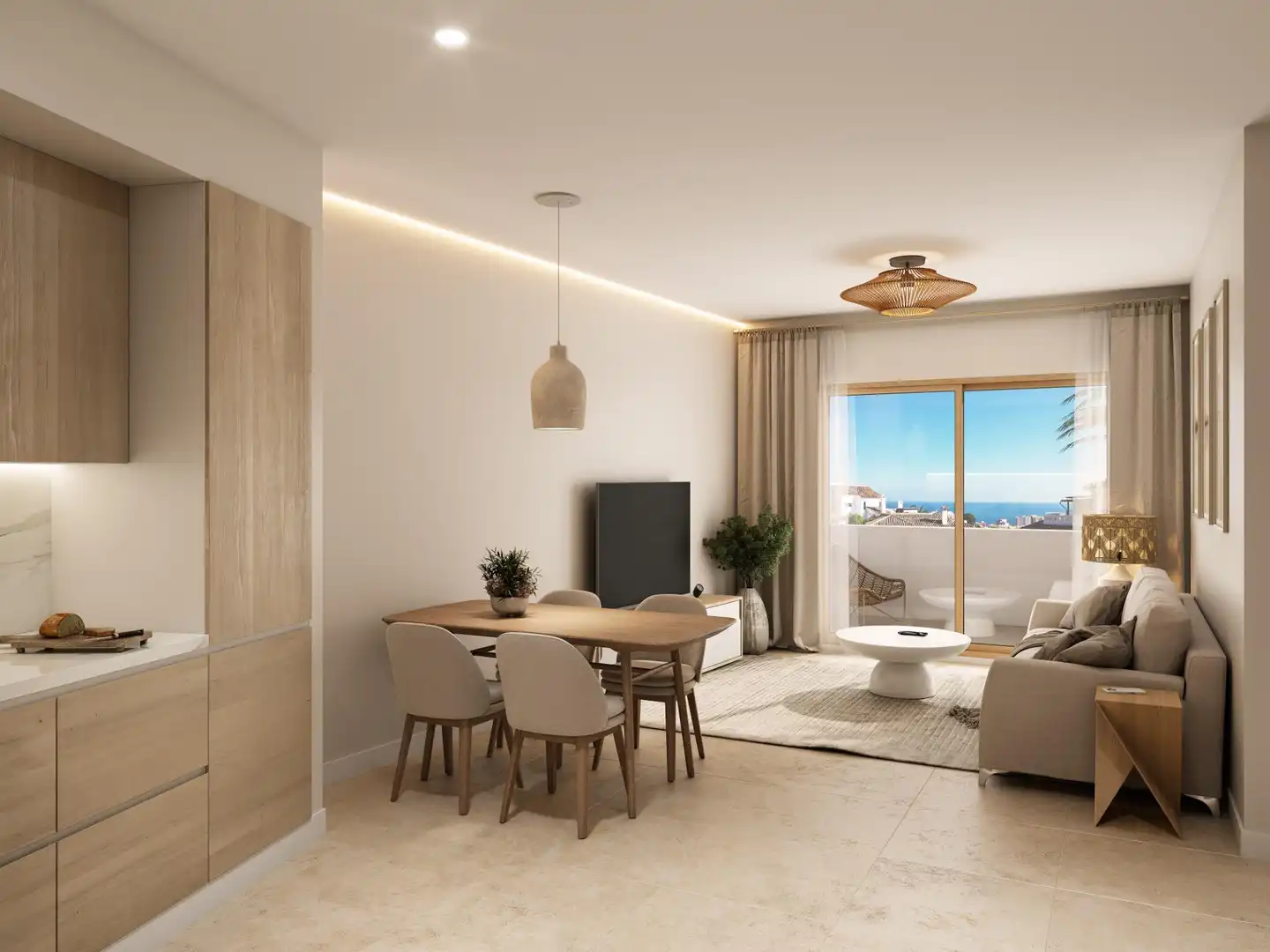 Wohnzimmer von Wohnungen zum Verkauf in Fuengirola mit Klimaanlage, Heizung und Privatgarten