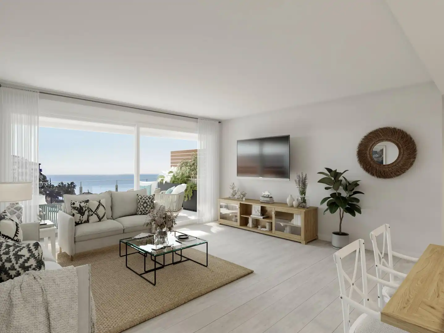 Sala de estar de Planta baja en venta en Mijas con Aire acondicionado, Jardín privado y Terraza
