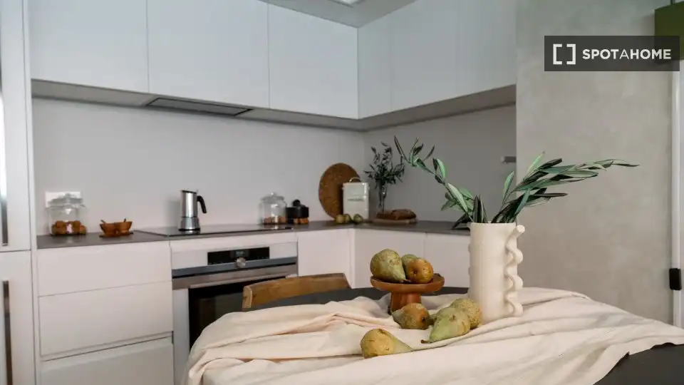 Cuina de Apartament per a compartir en Madrid amb Aire condicionat, Terrassa i Moblat
