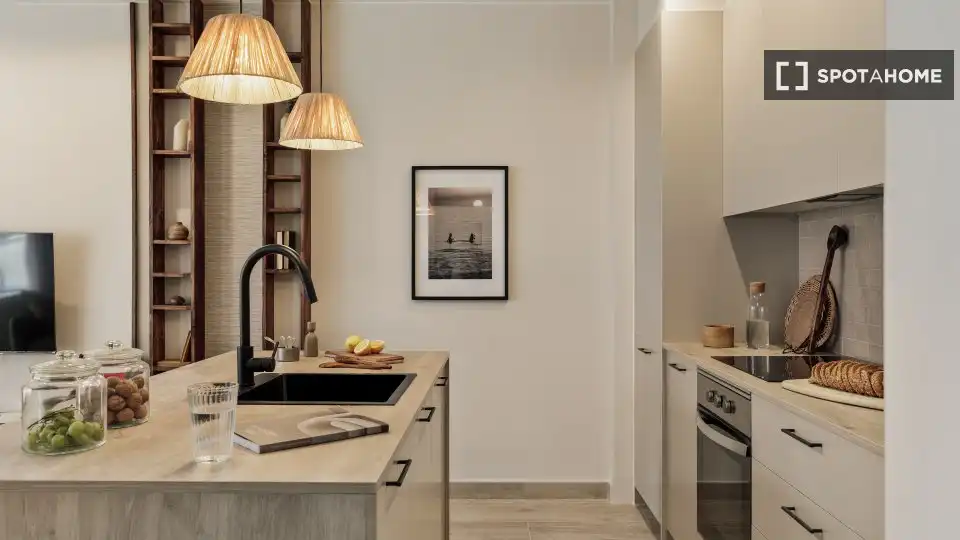 Cuina de Apartament per a compartir en Barcelona amb Aire condicionat, Terrassa i Moblat