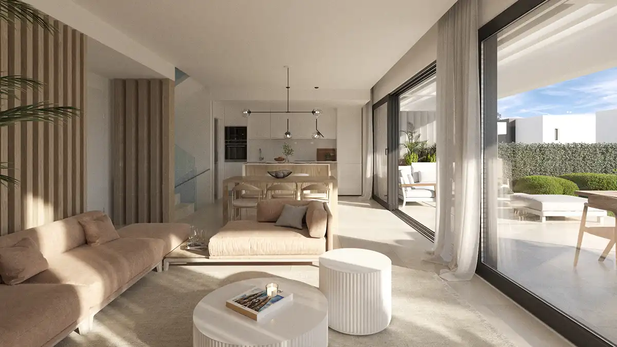 Sala d'estar de Pis en venda en Benalmádena amb Aire condicionat, Jardí privat i Terrassa