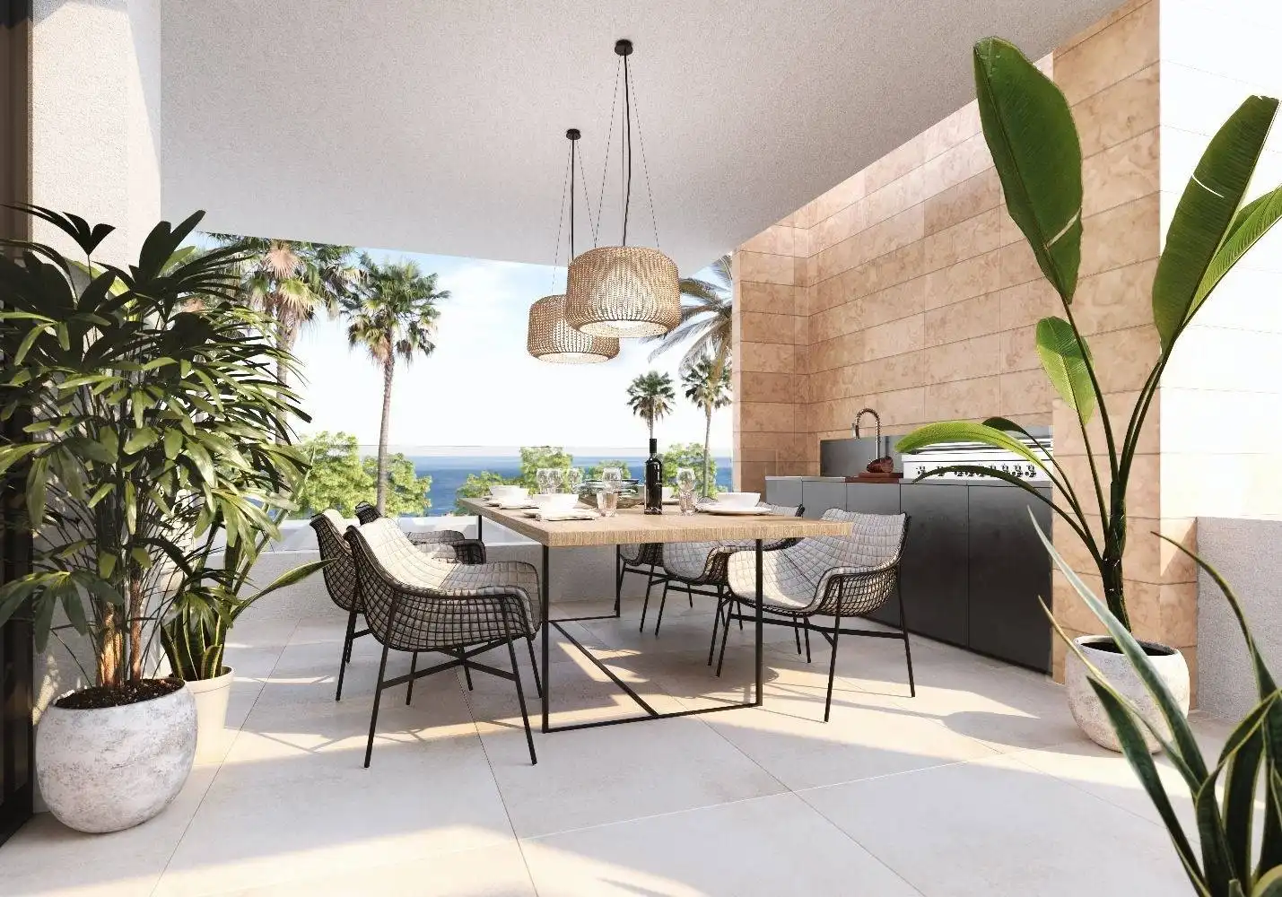 Terrasse von Wohnungen zum Verkauf in Estepona mit Klimaanlage, Heizung und Privatgarten