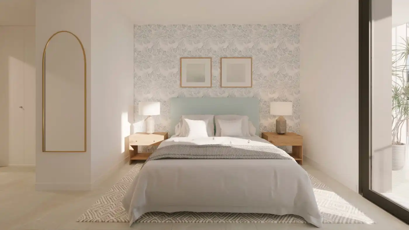 Schlafzimmer von Dachboden zum Verkauf in Calvià mit Klimaanlage, Heizung und Privatgarten