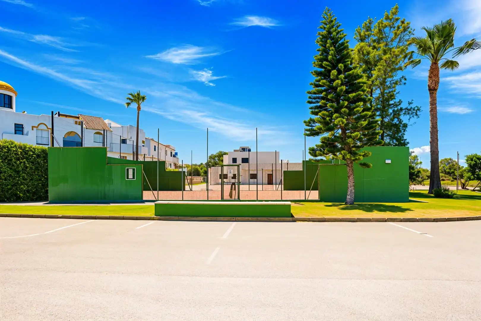 Außenansicht von Wohnungen zum Verkauf in Chiclana de la Frontera mit Privatgarten und Gemeinschaftspool