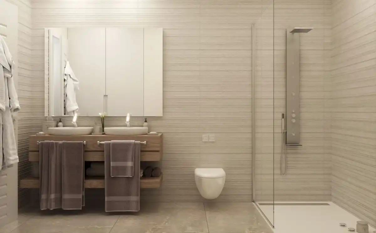 Badezimmer von Einfamilien-Reihenhaus zum Verkauf in Manilva mit Klimaanlage, Privatgarten und Abstellraum