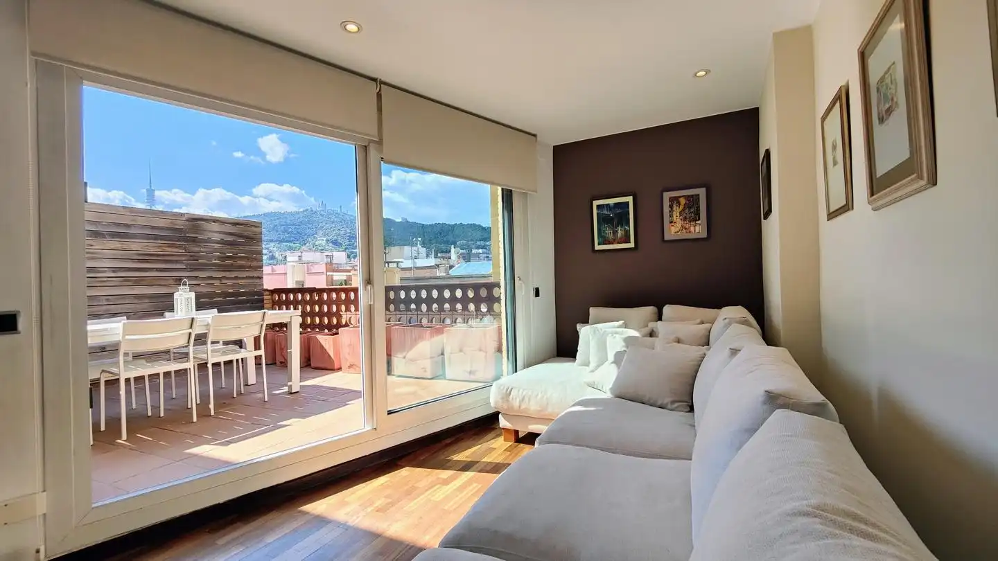 Sala d'estar de Àtic en venda en Barcelona amb Aire condicionat, Parquet i Terrassa