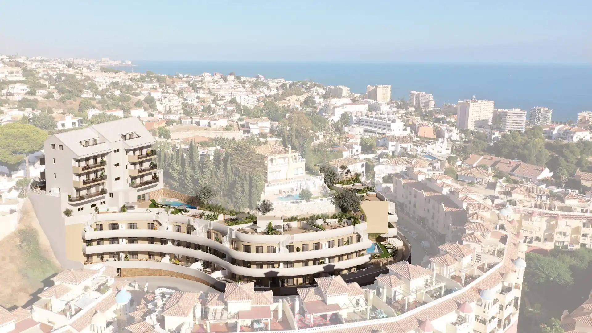 Außenansicht von Wohnungen zum Verkauf in Fuengirola mit Klimaanlage, Heizung und Privatgarten