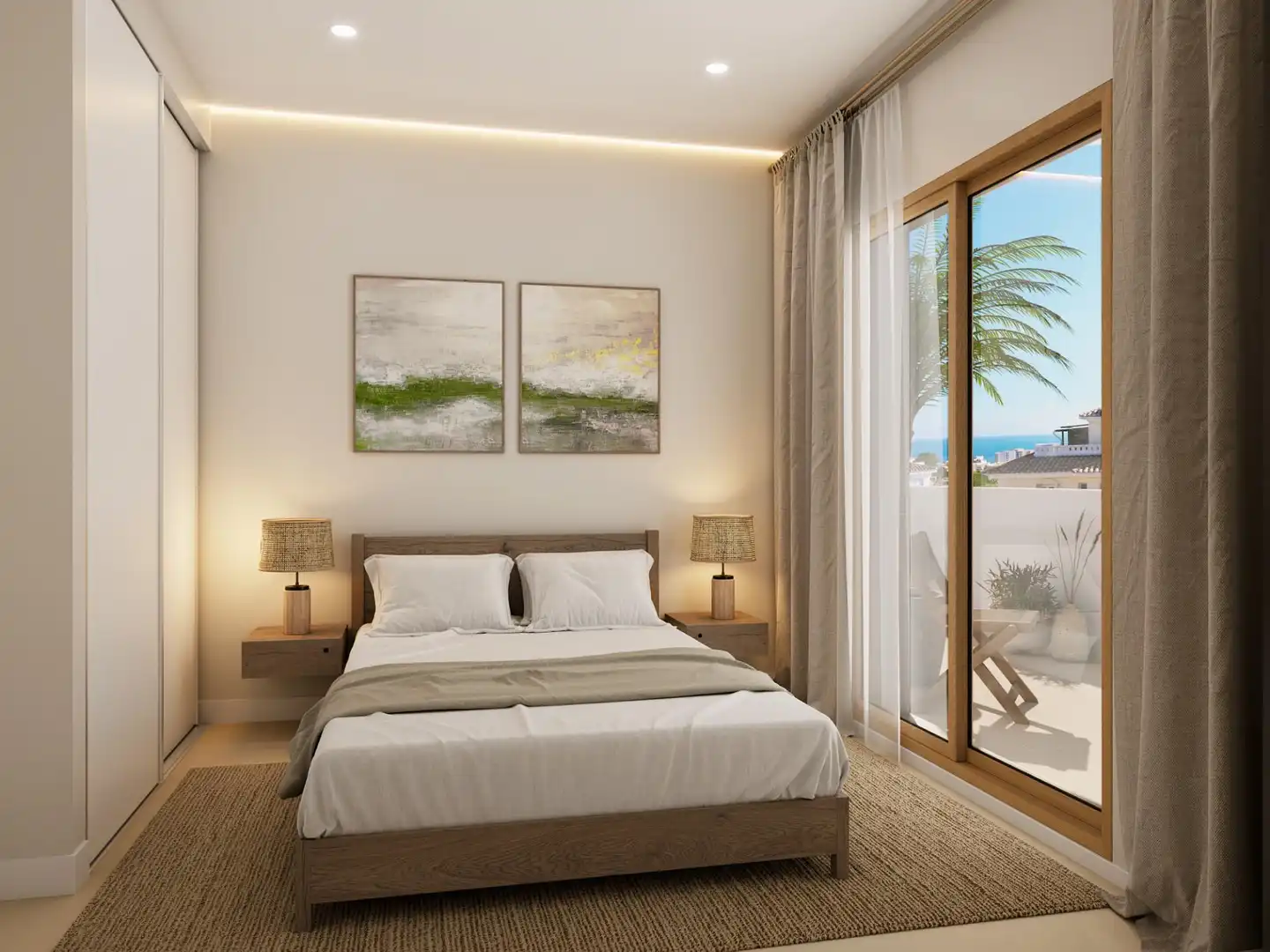 Schlafzimmer von Wohnungen zum Verkauf in Fuengirola mit Klimaanlage, Heizung und Privatgarten