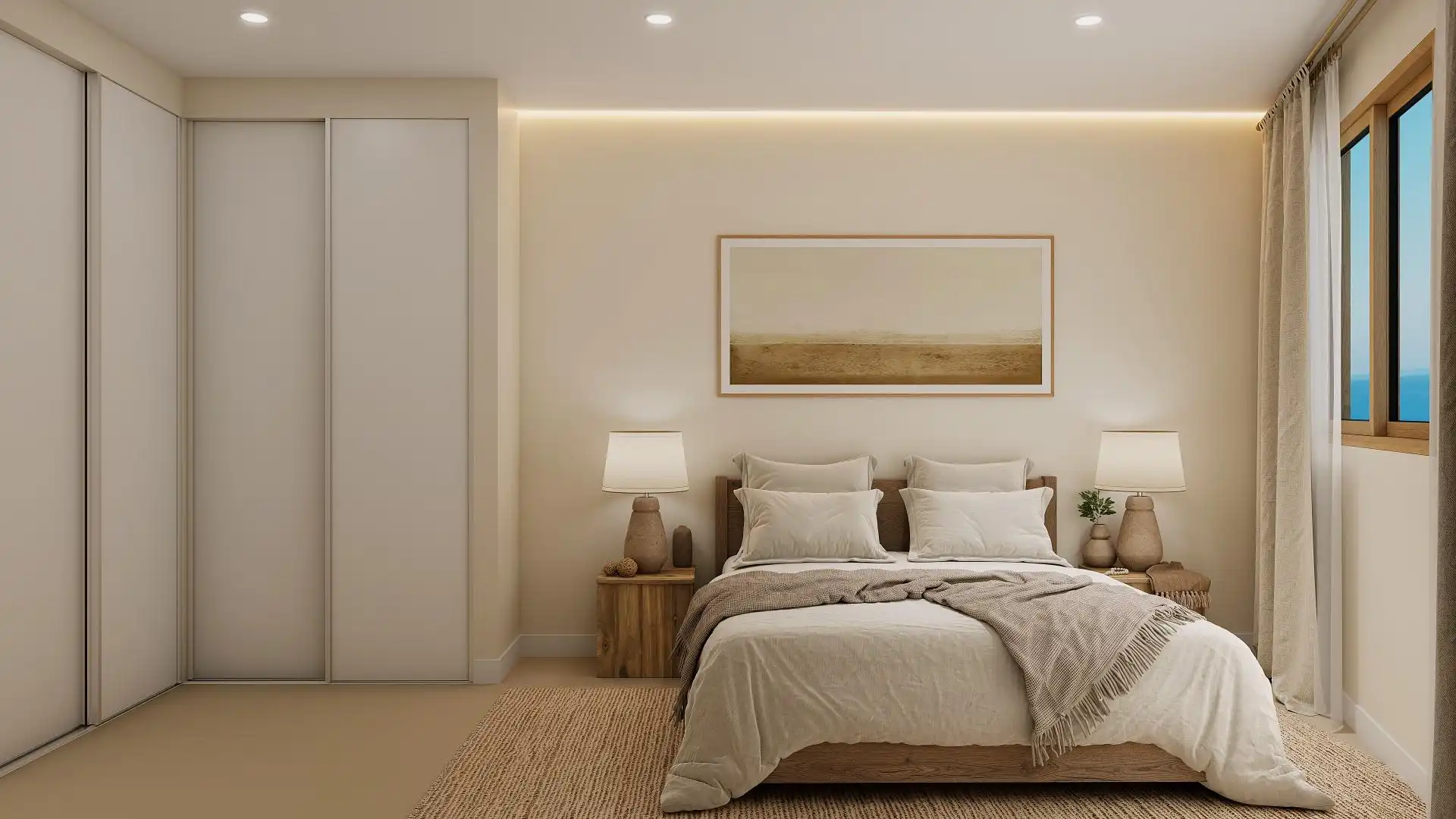 Schlafzimmer von Wohnungen zum Verkauf in Fuengirola mit Klimaanlage, Heizung und Privatgarten