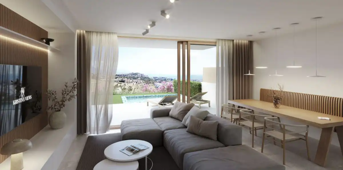 Wohnzimmer von Einfamilien-Reihenhaus zum Verkauf in Manilva mit Klimaanlage, Privatgarten und Abstellraum