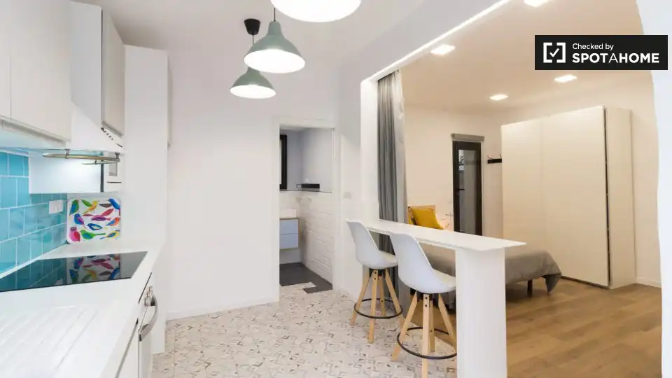 Cuina de Estudi per a compartir en Barcelona amb Aire condicionat, Terrassa i Moblat