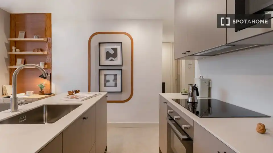 Cuina de Apartament per a compartir en Madrid amb Aire condicionat, Terrassa i Moblat