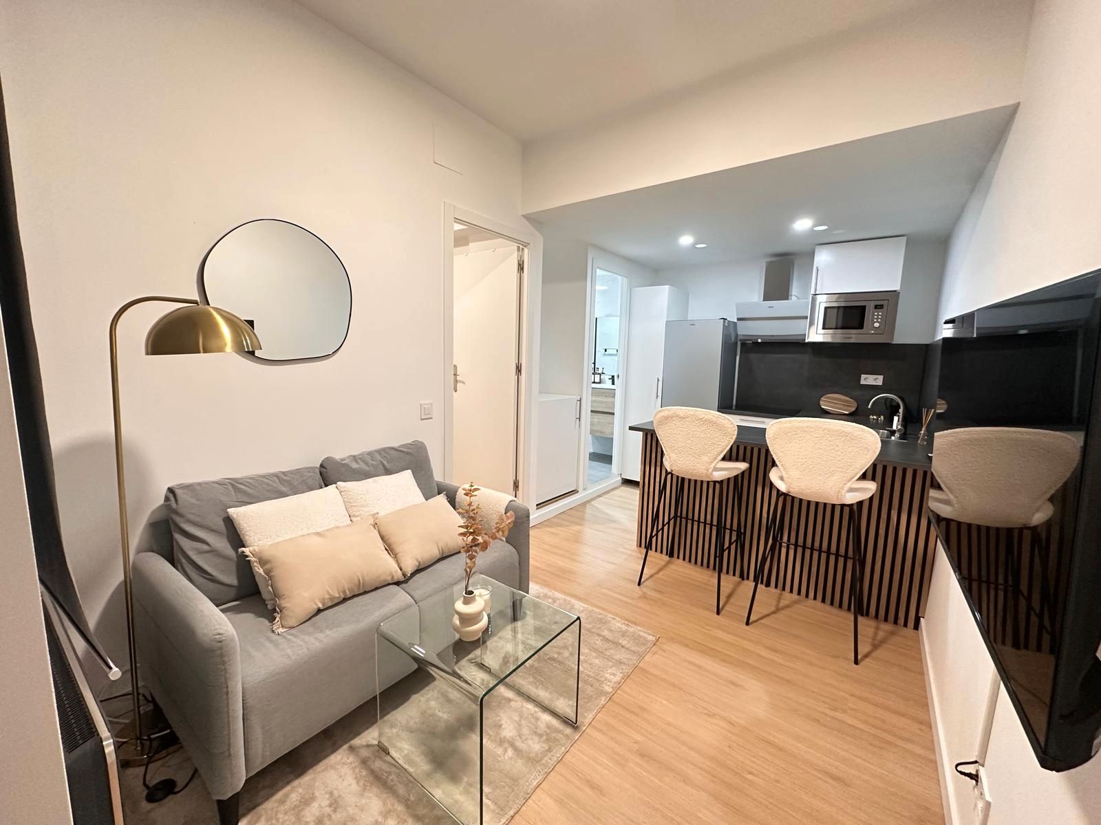 Sala d'estar de Apartament de lloguer en  Madrid Capital amb Aire condicionat, Calefacció i Moblat