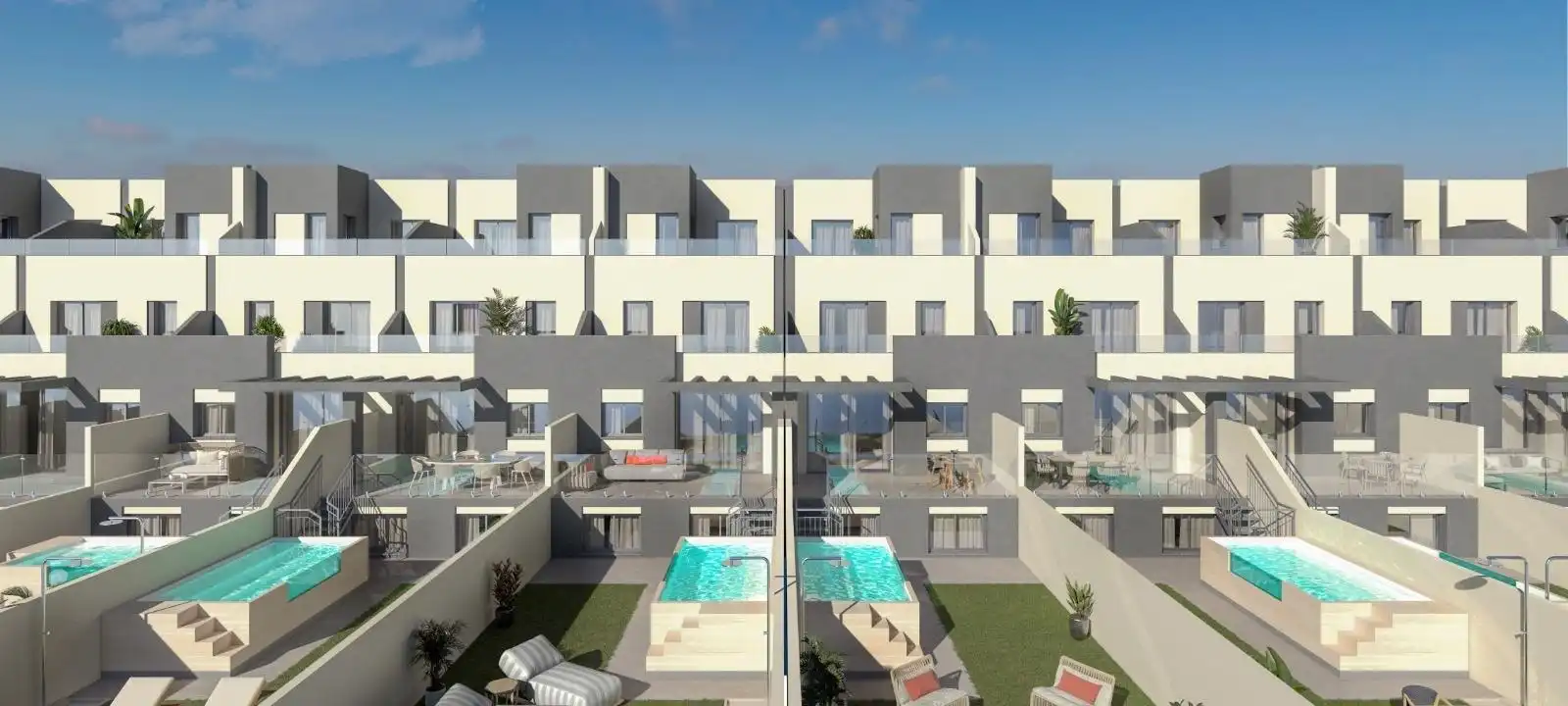 Außenansicht von Einfamilien-Reihenhaus zum Verkauf in Torrox mit Klimaanlage, Heizung und Privatgarten