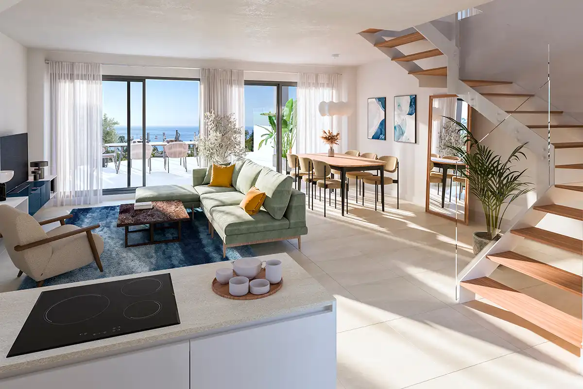 Wohnzimmer von Wohnung zum Verkauf in Benalmádena mit Klimaanlage, Privatgarten und Terrasse