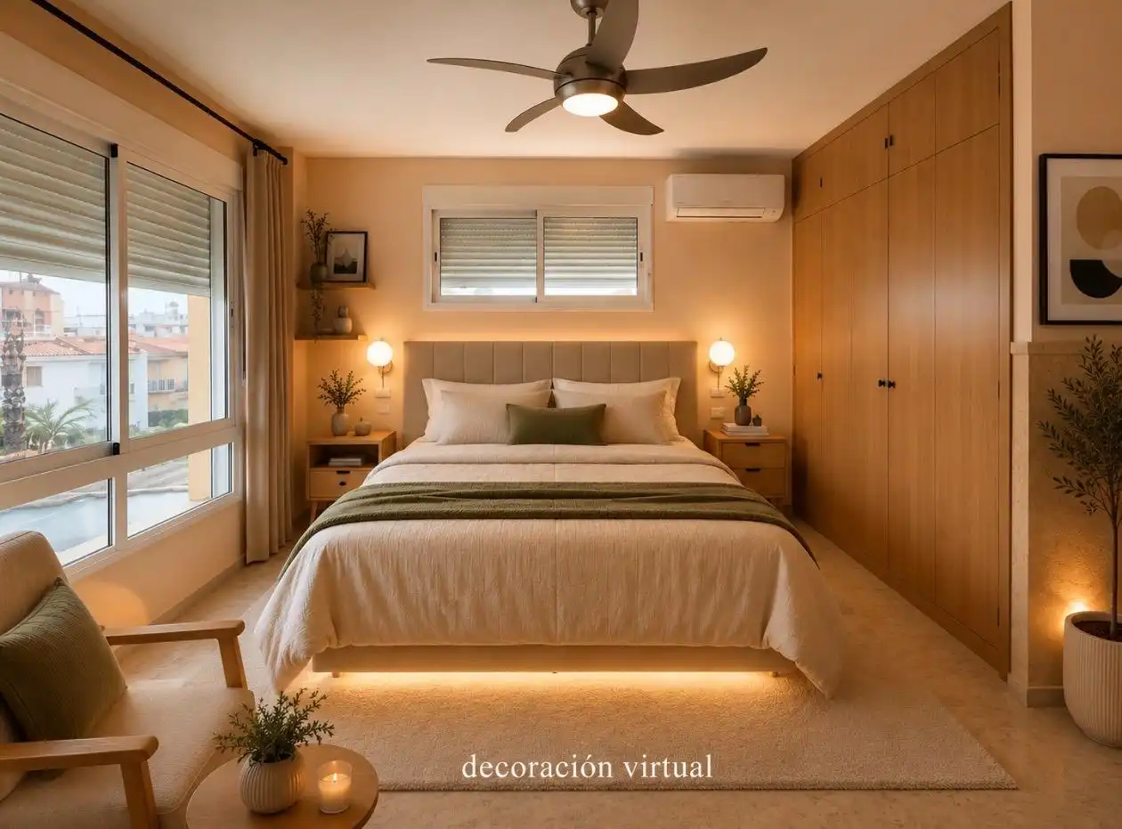 Schlafzimmer von Einfamilien-Reihenhaus zum Verkauf in Oliva mit Klimaanlage, Heizung und Privatgarten