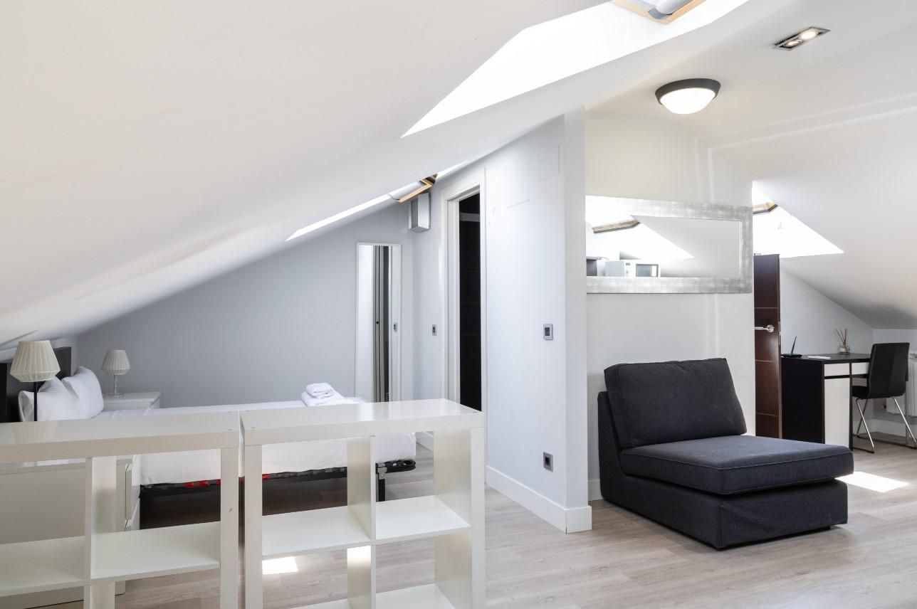 Sala d'estar de Estudi de lloguer en  Madrid Capital amb Aire condicionat i Moblat