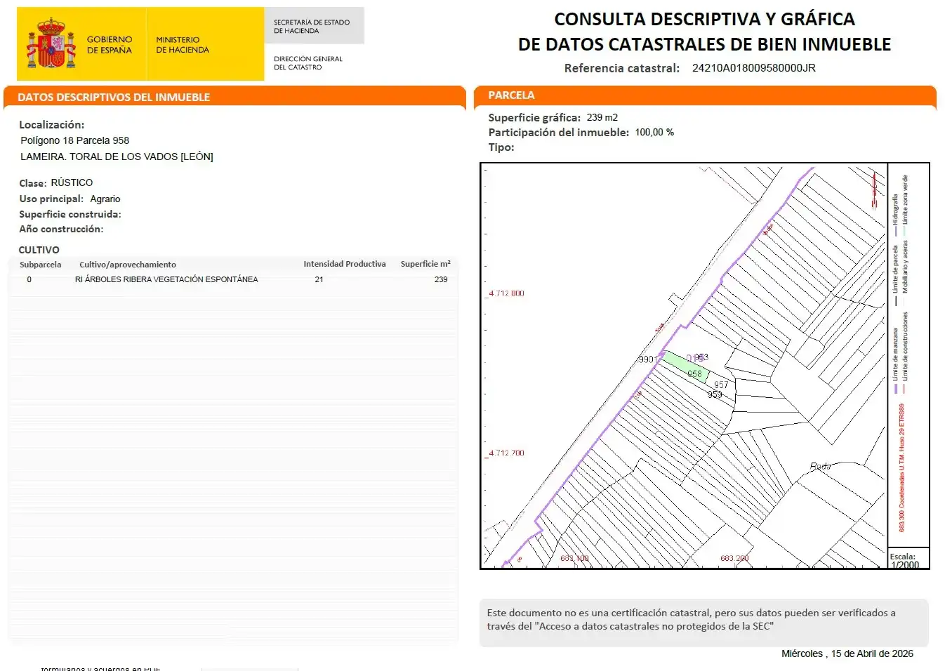 Terreno en venta en Toral de los Vados