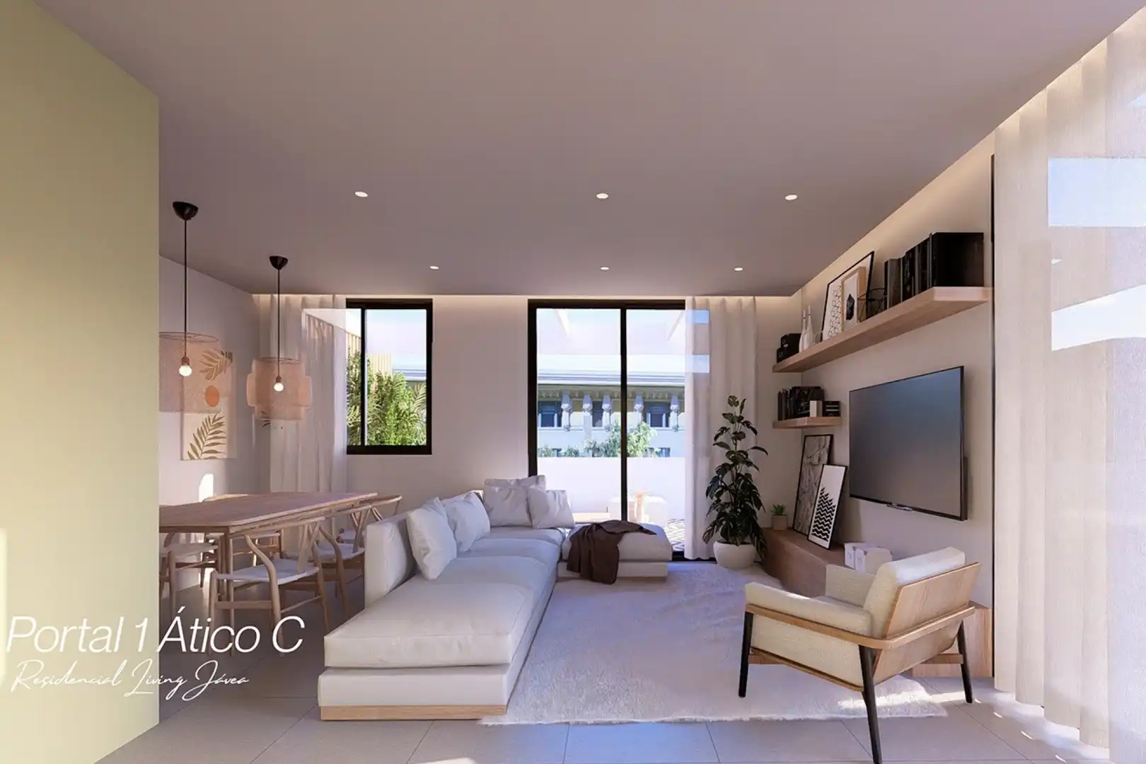 Wohnzimmer von Dachboden zum Verkauf in Jávea / Xàbia mit Klimaanlage, Heizung und Privatgarten