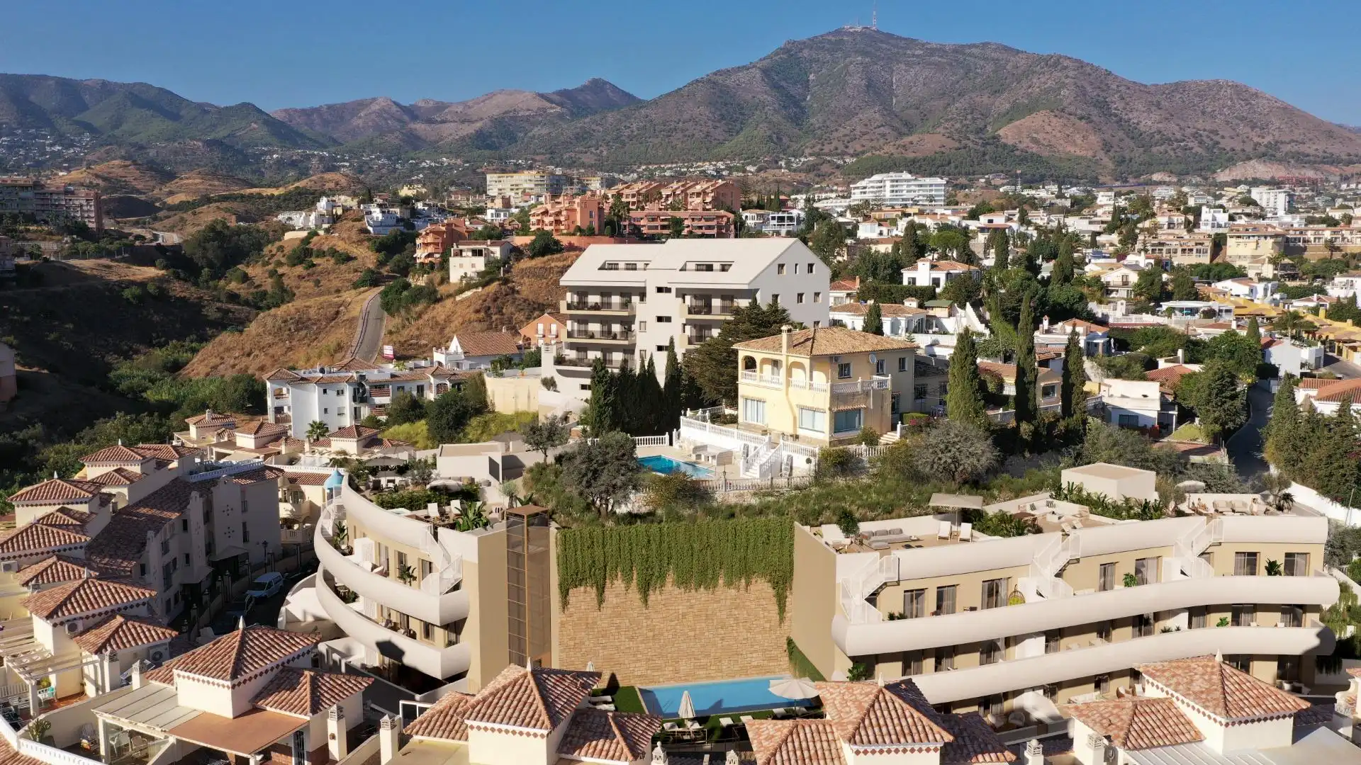 Außenansicht von Wohnungen zum Verkauf in Fuengirola mit Klimaanlage, Heizung und Privatgarten