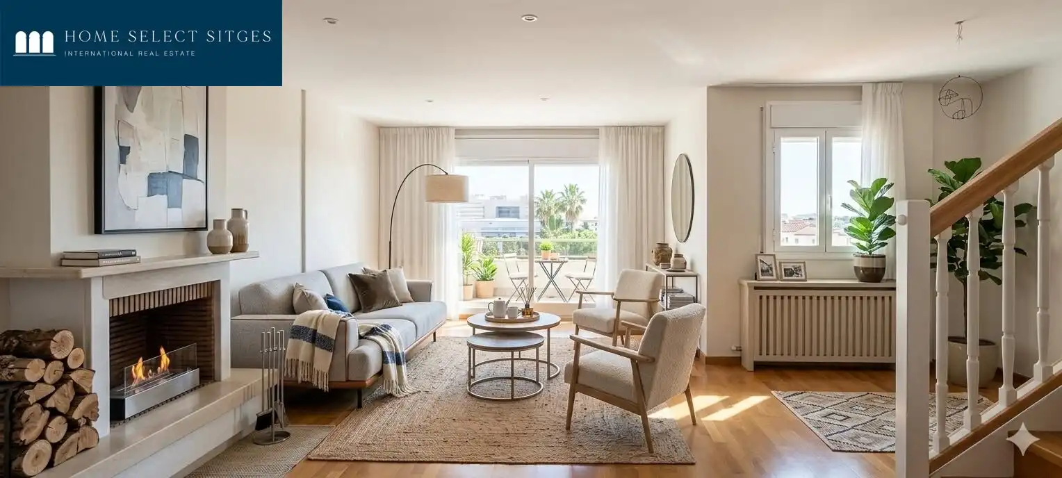 Wohnzimmer von Einfamilien-Reihenhaus zum Verkauf in Sitges mit Klimaanlage, Heizung und Parkett