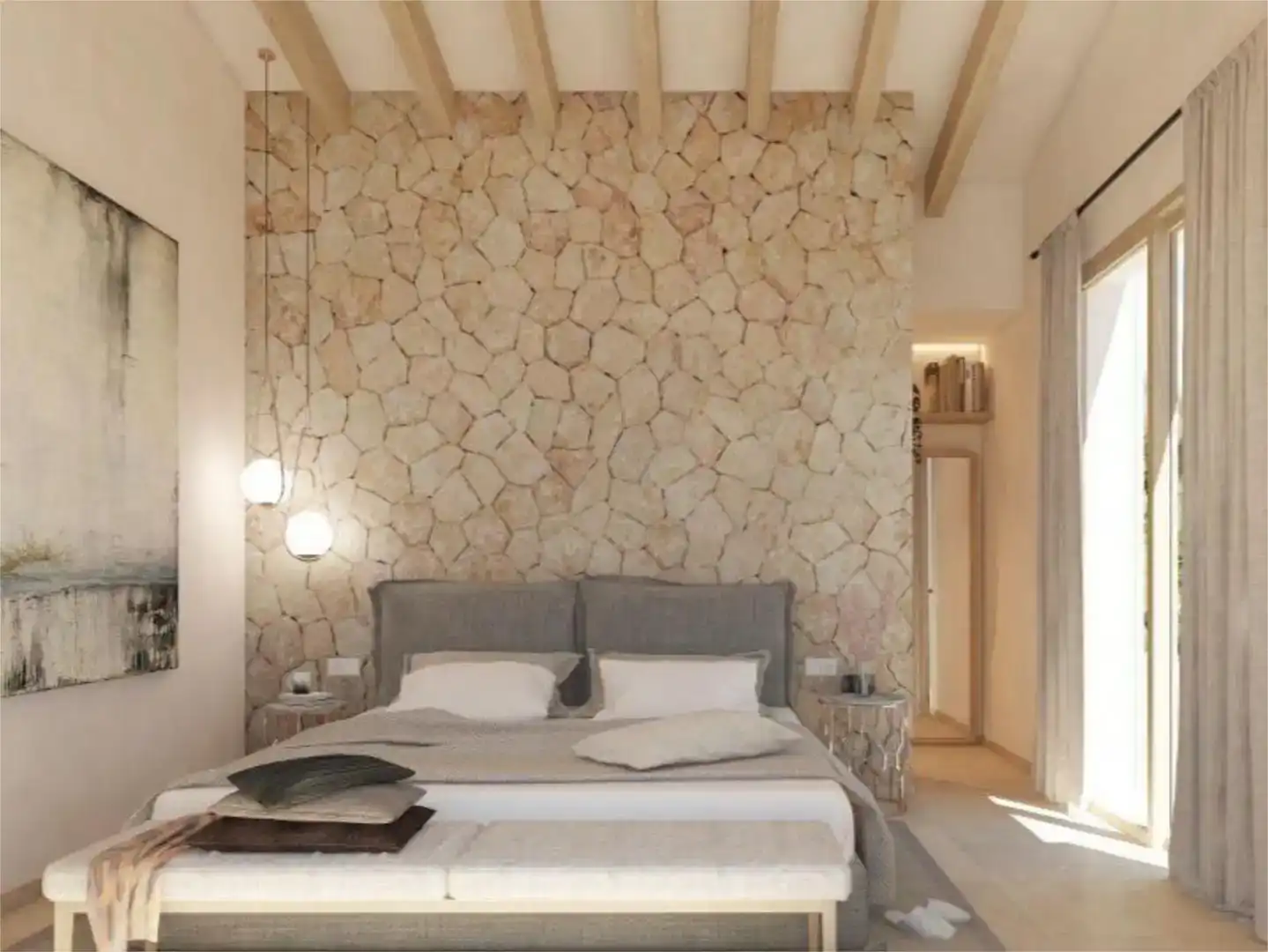 Schlafzimmer von Country house zum Verkauf in Felanitx mit Klimaanlage, Schwimmbad und Balkon