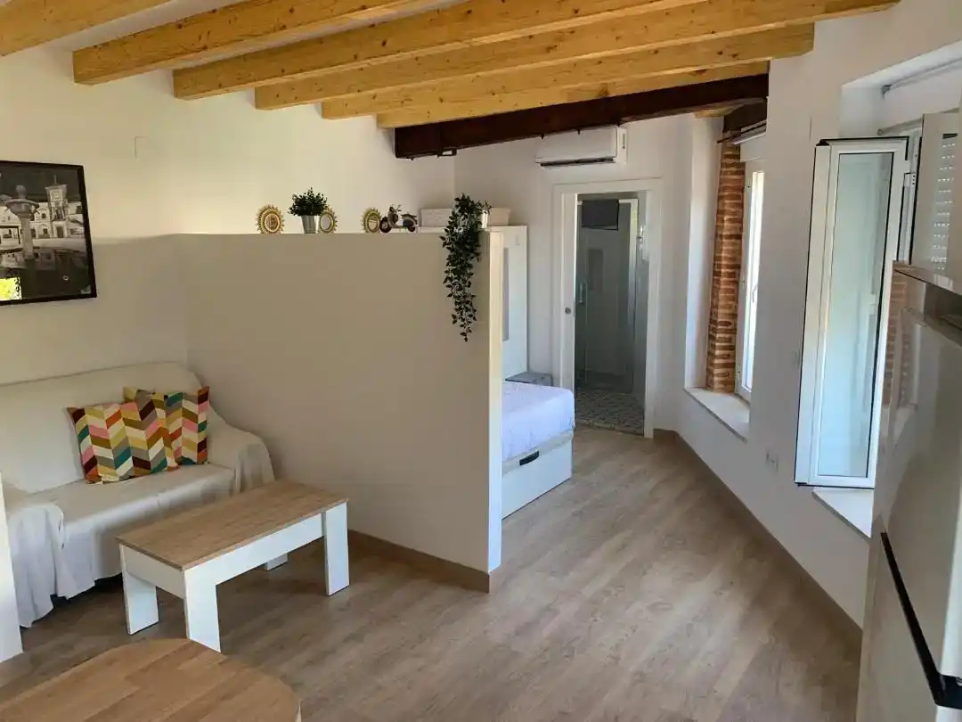 Sala d'estar de Apartament de lloguer en Logrosán amb Aire condicionat, Parquet i Moblat