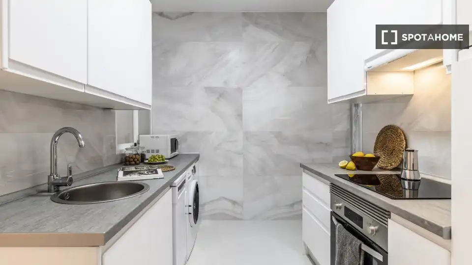 Cuina de Apartament per a compartir en Madrid amb Aire condicionat, Terrassa i Moblat