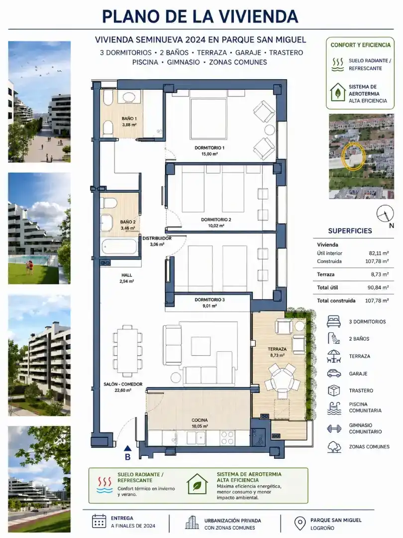 Flat for sale in  Logroño  with Air Conditioner, Swimming Pool and Balcony