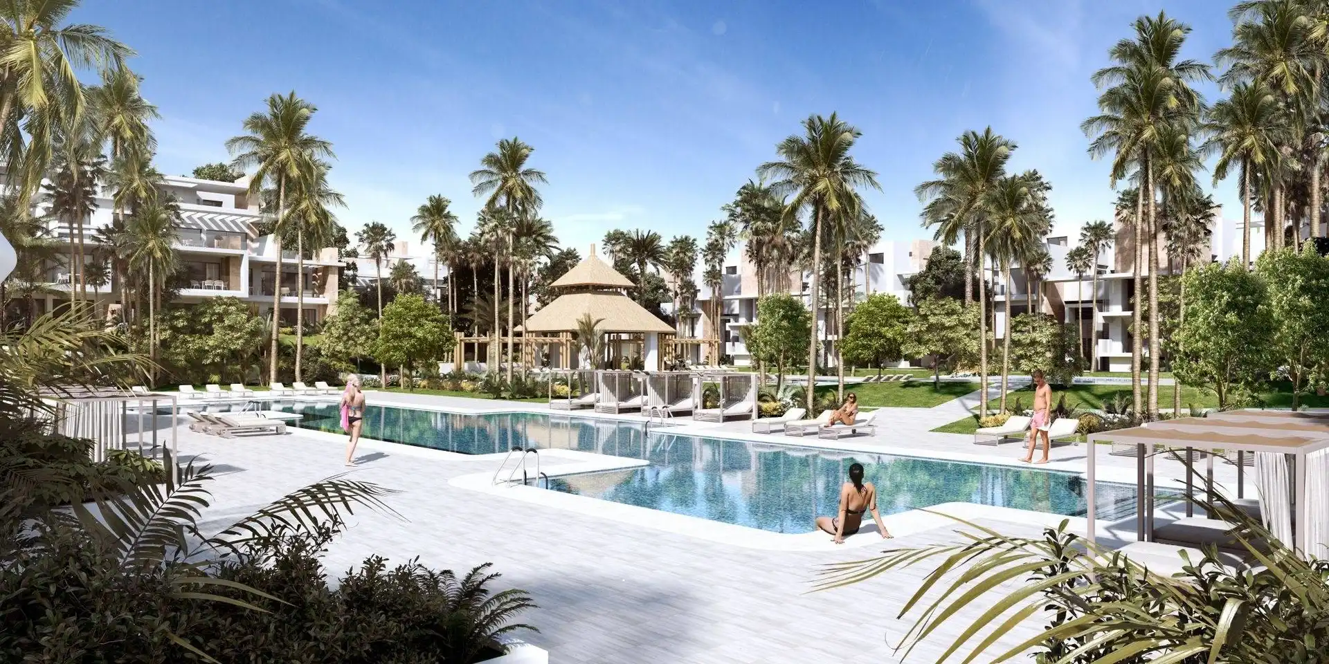 Schwimmbecken von Wohnungen zum Verkauf in Estepona mit Klimaanlage, Heizung und Privatgarten