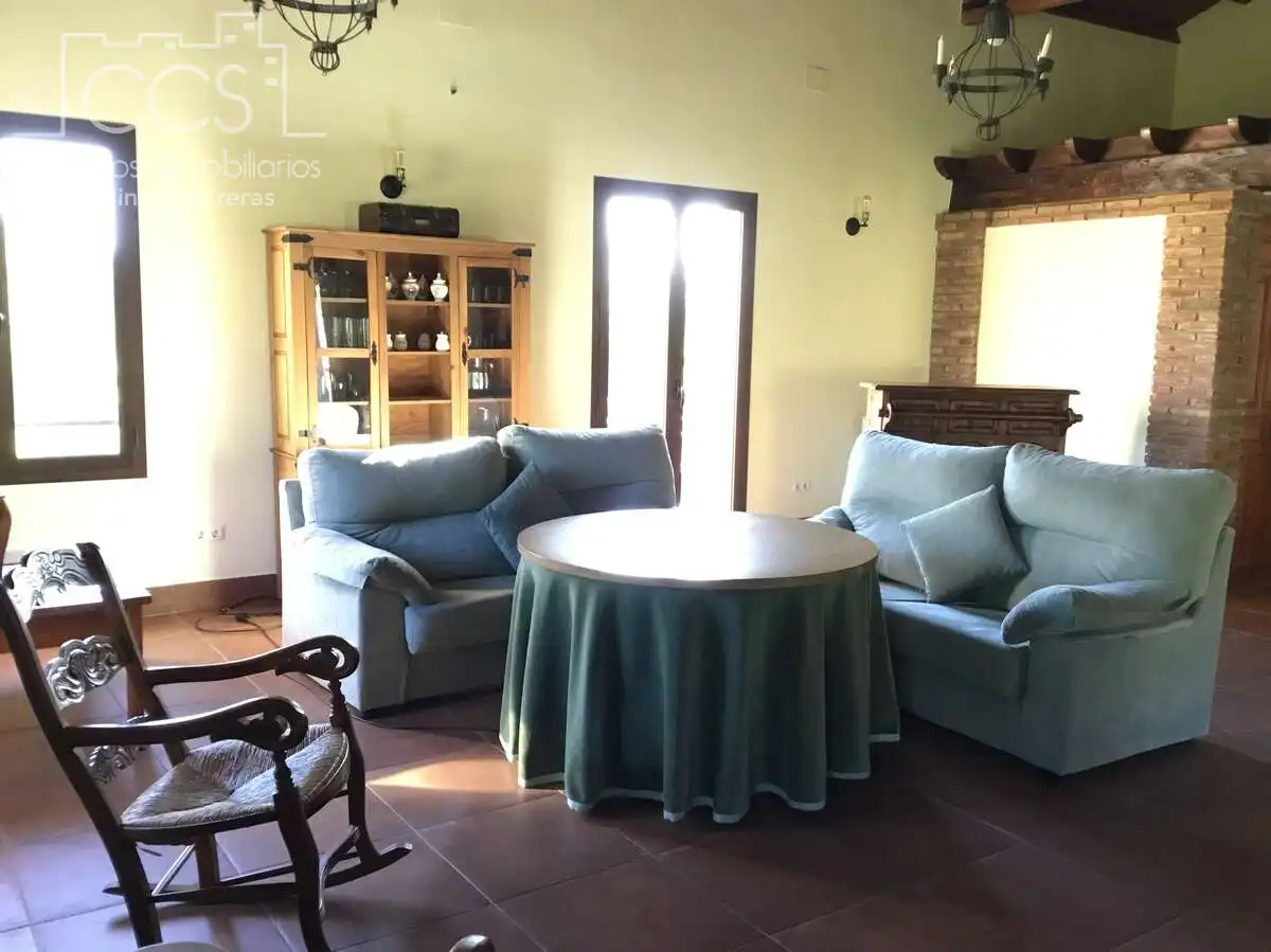 Sala d'estar de Finca rústica en venda en El Pedroso amb Traster, Piscina i Moblat
