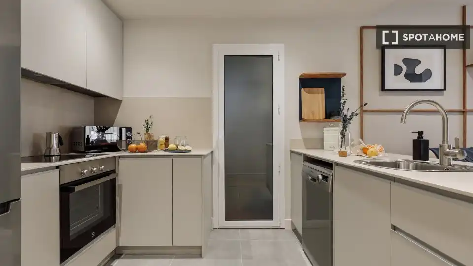 Cuina de Apartament per a compartir en Barcelona amb Aire condicionat, Terrassa i Moblat