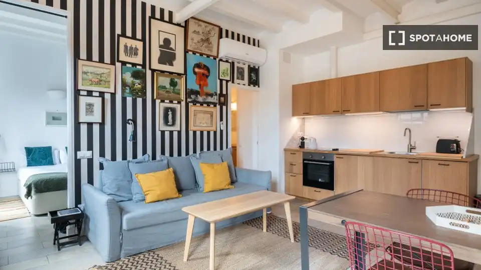 Sala d'estar de Estudi per a compartir en Barcelona amb Aire condicionat, Terrassa i Moblat