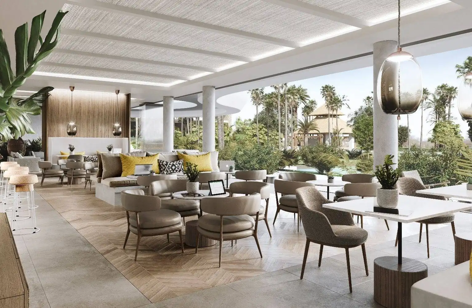 Terrasse von Wohnungen zum Verkauf in Estepona mit Klimaanlage, Heizung und Privatgarten
