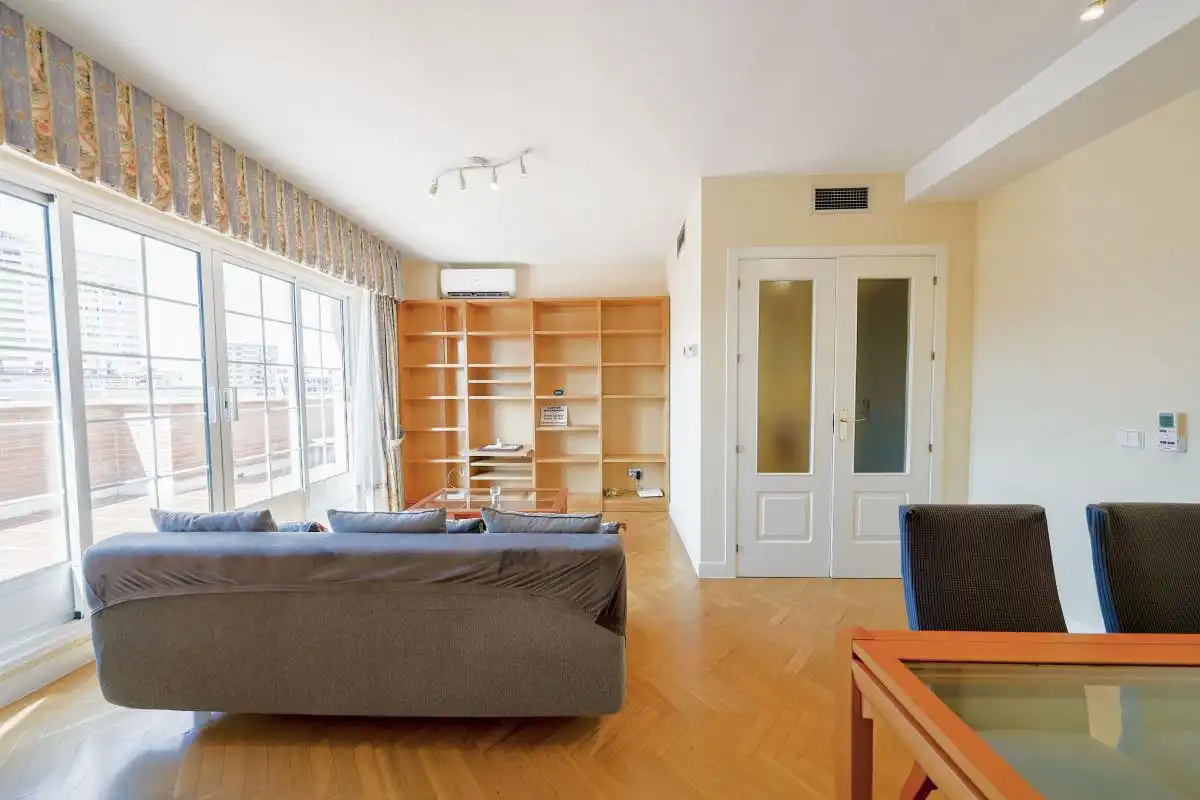 Sala d'estar de Àtic de lloguer en Madrid amb Aire condicionat, Calefacció i Jardí privat
