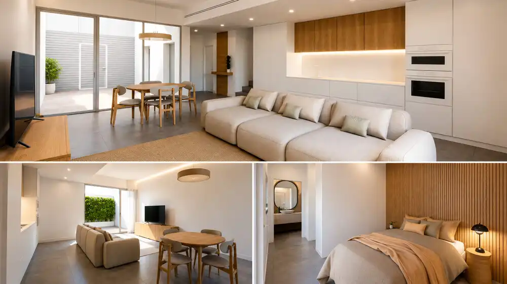 Wohnzimmer von Einfamilien-Reihenhaus zum Verkauf in Massamagrell mit Klimaanlage, Heizung und Terrasse