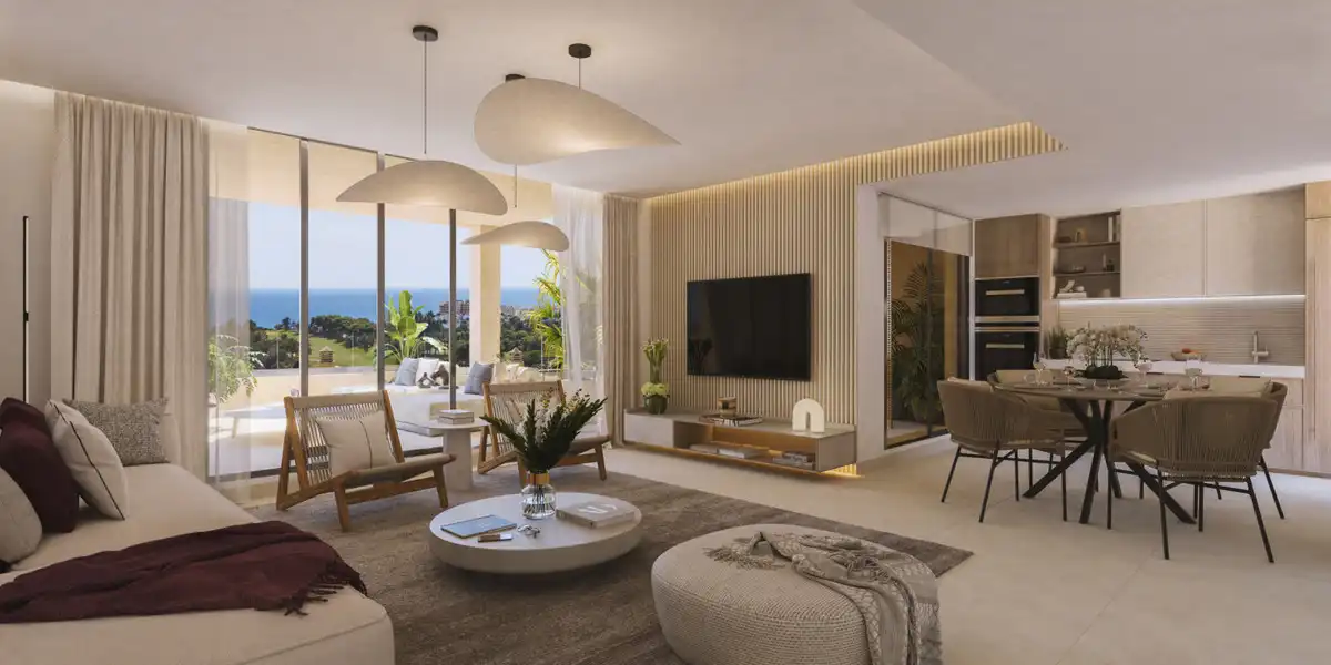 Sala d'estar de Apartament en venda en Benalmádena amb Aire condicionat, Jardí privat i Terrassa
