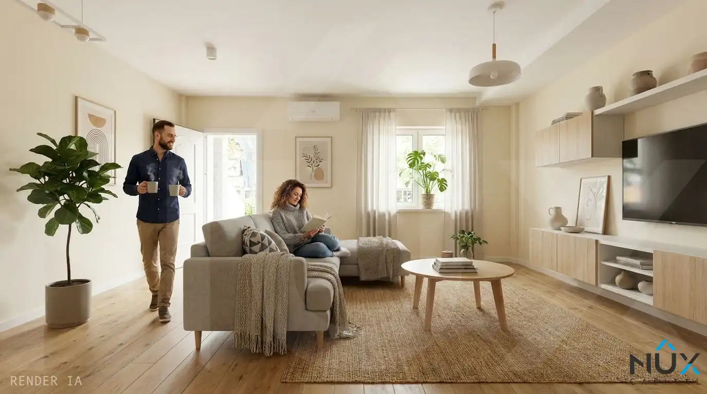 Wohnzimmer von Einfamilien-Reihenhaus zum Verkauf in San Antonio de Benagéber mit Klimaanlage, Heizung und Privatgarten