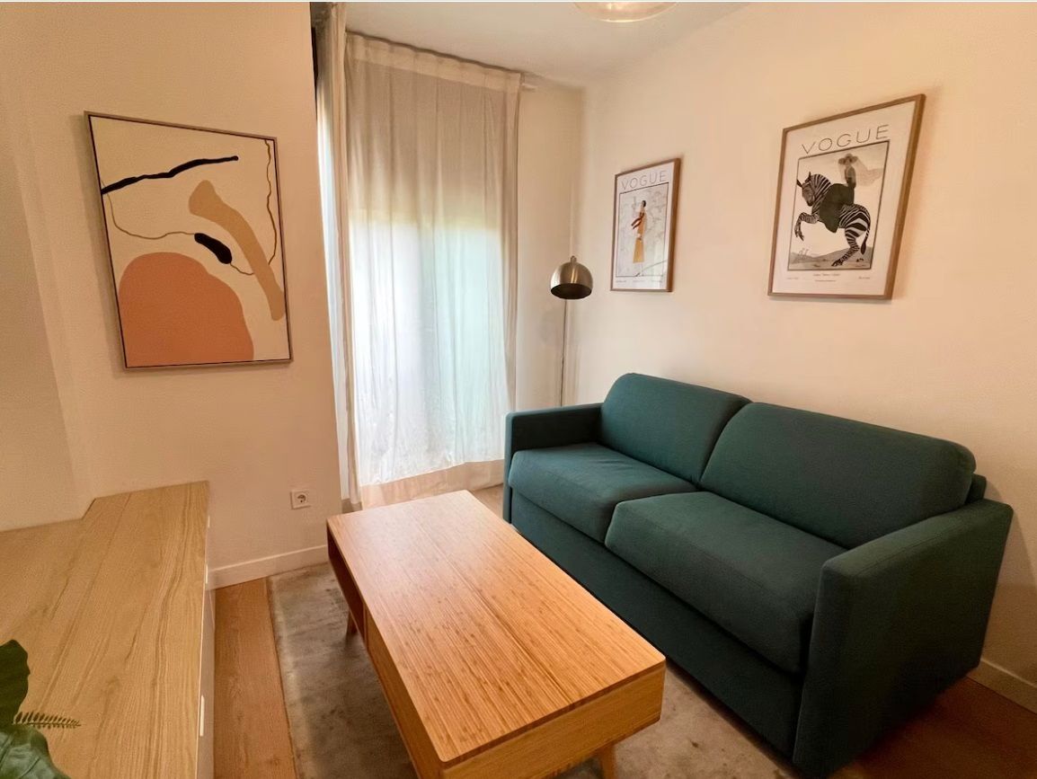 Sala d'estar de Apartament de lloguer en  Madrid Capital amb Aire condicionat, Jardí privat i Parquet