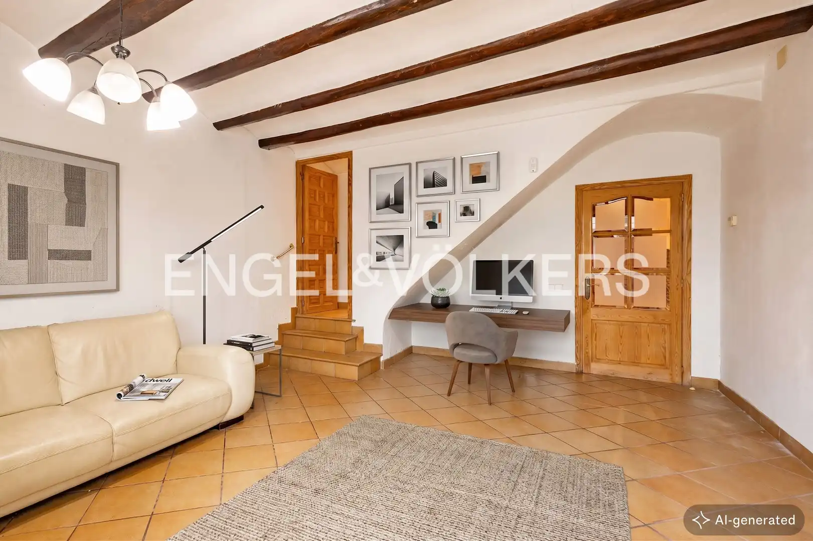 Wohnzimmer von Einfamilien-Reihenhaus zum Verkauf in Barcelona mit Klimaanlage, Heizung und Privatgarten