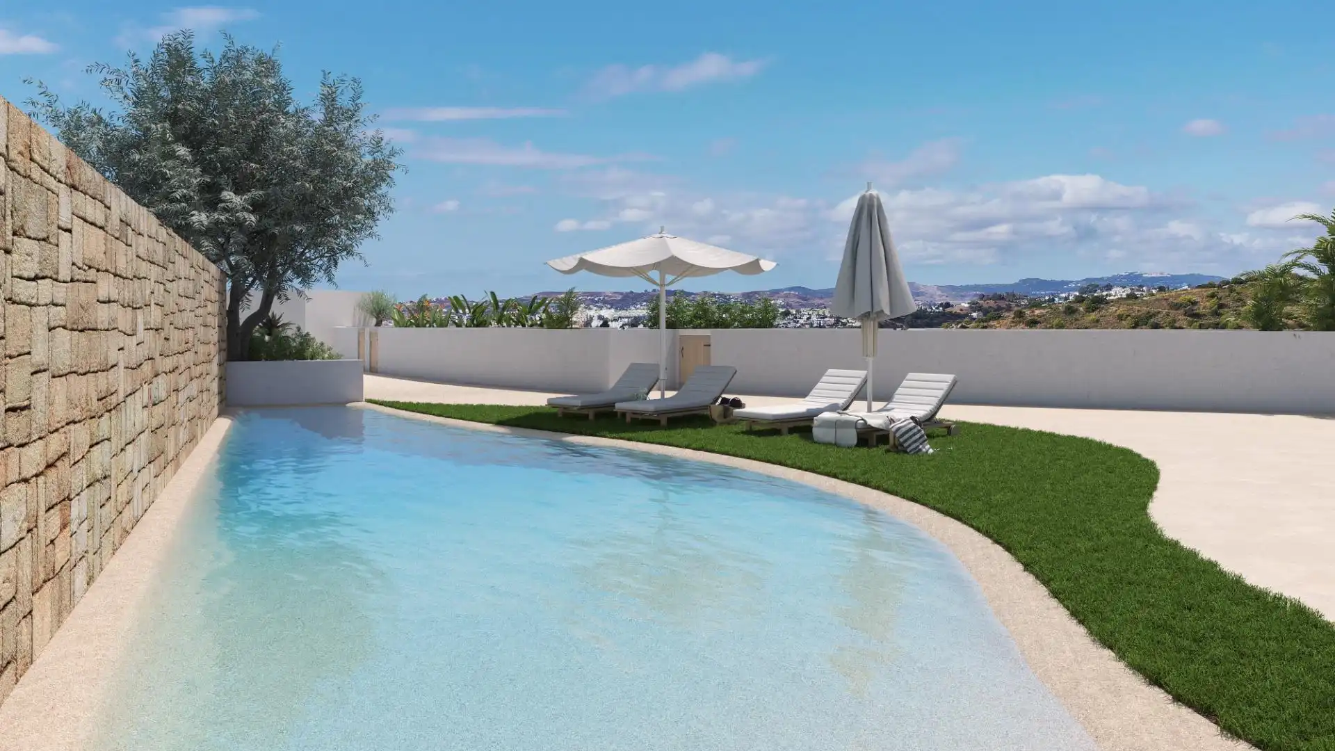 Schwimmbecken von Wohnungen zum Verkauf in Fuengirola mit Klimaanlage, Heizung und Privatgarten